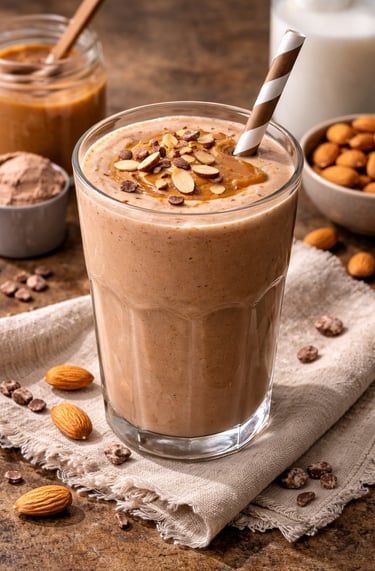 Batido de proteína con mantequilla de almendras y leche de almendras, un desayuno energético sin lác