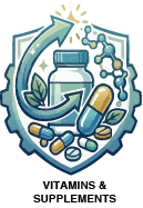 A pharmaceutical shield icon featuring vitamins and supplements and a chemical structure in Dearborn