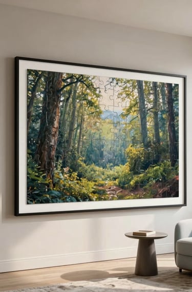 A high-end North American residential interior with a modern aesthetic. On a clean, neutral-toned wall, a large, professionally framed assembled jigsaw puzzle of a soft-focus forest landscape is prominently displayed. The room features elegant furniture, including a pale blue armchair and a minimalist side table. Soft natural light streams in from a large window, creating a warm, sophisticated, and welcoming atmosphere.