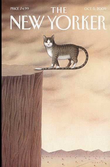 The New Yorker magazine cover illustration of a tabby cat standing on its own long tail over a cliff edge.