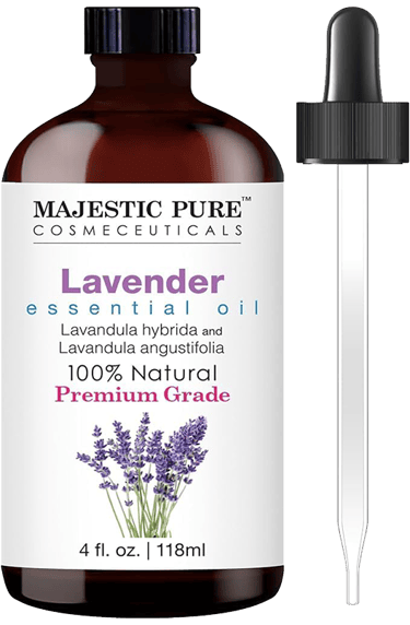 Majestic Pure 100% Pure Lavender Essential Oil next to a dropper cap 