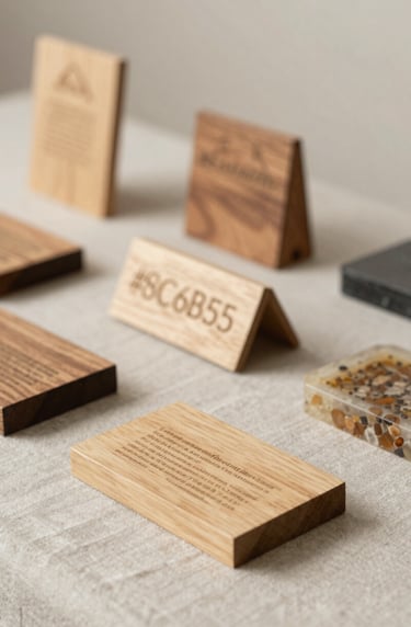 A collection of artisan gifts including wood signs and resin trays arranged neatly on a light taupe linen cloth, soft feminine lighting, #8C6B5E tones.