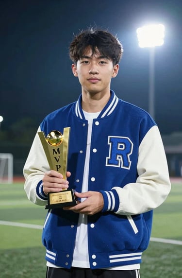 A high-school athlete in a letterman jacket holding an MVP trophy, standing on the field at night under bright stadium lights, professional and confident demeanor, #1C2B3A and #ECF2F8 tones.