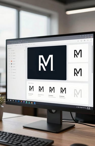 A professional photography shot of a branding presentation on a large monitor, showcasing minimalist logo designs and high-quality UI elements in a bright, modern creative agency space.