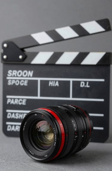 A minimalist, premium composition of a film slate and a high-end cinema lens. The palette is dominated by dark charcoal grey and deep black, with vibrant crimson red markings on the lens dial.