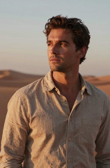 A cinematic, personal portrait of a man in casual North American attire, looking thoughtfully into the sunset. The lighting is warm and directional, highlighting textures in his clothing. Soft sand and terracotta hues dominate the background. Authentic and inviting mood.
