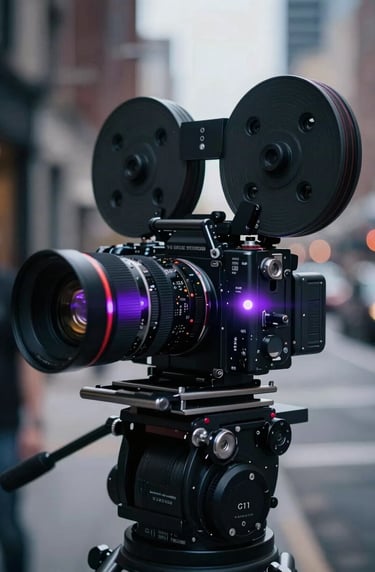 Close-up of a high-end film camera on a professional movie set in a North American urban location. The lighting is cold and moody with light purple lens flares, capturing an edgy production vibe.