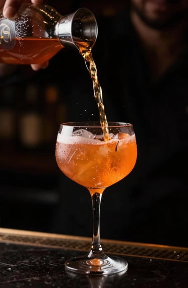 A high-speed photography capture of a signature cocktail being poured in a dark Sydney bar, droplets suspended in mid-air, illuminated by a warm orange glow against a deep black background.