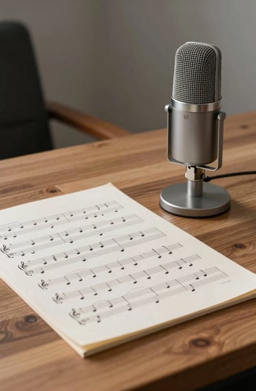 A creative still life of a music manuscript and a minimalist microphone on a wooden desk in a Latin American / Spanish studio, steel grey and soft off-white color palette.