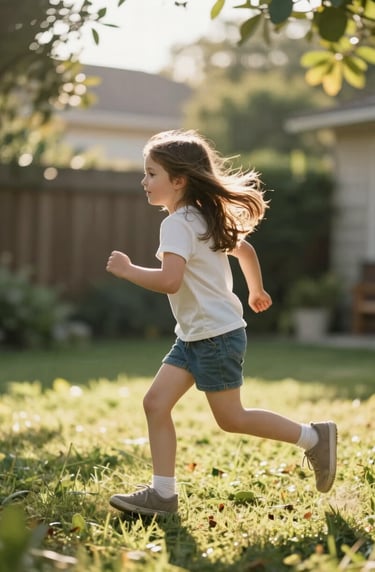 A cinematic vertical shot of a young girl running through the backyard, her hair backlit by the sun, creating a glowing halo effect. The environment is a sun-drenched, natural landscape.