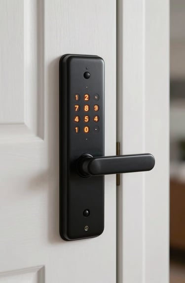 Detailed close-up of a sleek black electronic door lock with a glowing orange keypad, installed on a minimalist white door in a modern South American / Brazilian home.