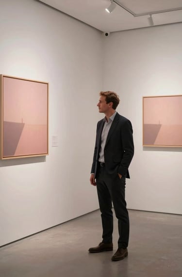 A sophisticated professional in an International / Western gallery, standing before a minimalist exhibit. The scene is bathed in muted rose and pearlescent white tones with soft sunset lighting.