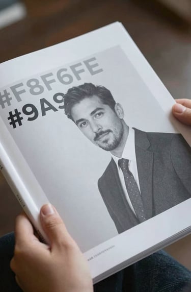 Close-up cinematic shot of hands holding a printed campaign book. The paper has a matte texture. Soft lighting, sophisticated atmosphere, colors focusing on #F8F6F2 and #9A9E96.