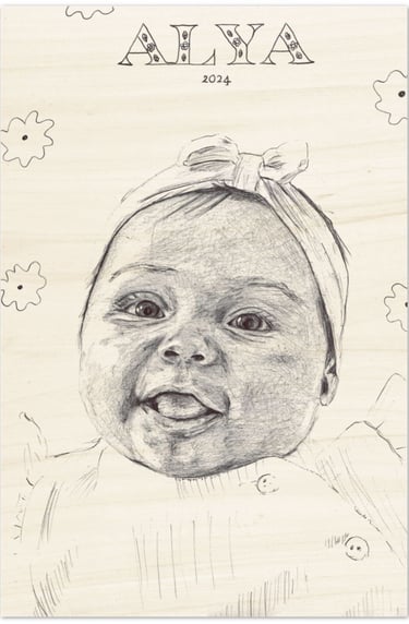 portrait de bébé au stylo BIC imprimé sur bois FSC