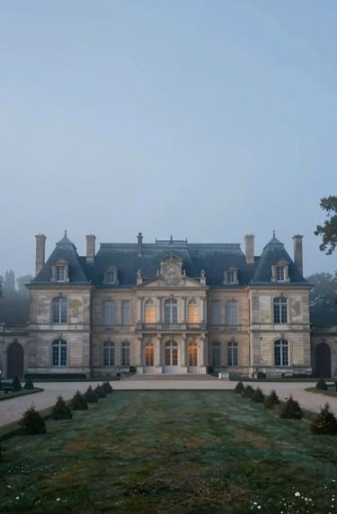 Atmospheric wide shot of a luxury estate in Bordeaux at dawn, misty morning light, cinematic blue tones (#2C3E50) and soft grey (#95A5A6).