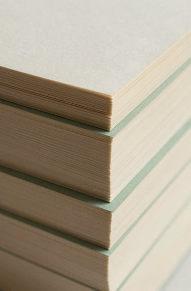 An artistic detail shot of a stack of handmade papers with deckled edges. The colors range from warm cream to a very light sage green. Elegant and artisanal texture.