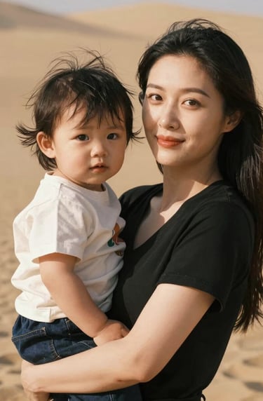 A portrait of a mother holding her toddler, both bathed in natural, warm sunlight. The background is a soft sand color. The image exudes warmth and professional polish while remaining deeply approachable.
