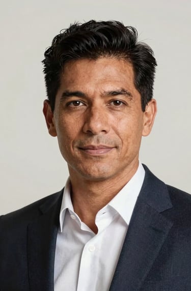 A clean, high-end headshot of a South American / Brazilian professional against a neutral off-white background, soft studio lighting focusing on an authentic expression, professional and elegant style.