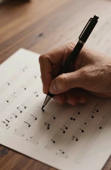 A candid, close-up photograph of a musician's hand writing musical notation on paper. The scene is lit with warm walnut tones and soft taupe shadows, emphasizing the creative process.