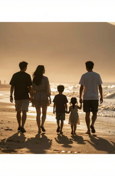 Cinematic wide shot of a family walking on a sun-drenched beach during golden hour. Silhouettes softly illuminated by warm light, authentic storytelling, peaceful mood.