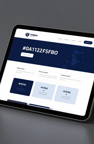 A tablet showing a finished website design for a venture capital firm. The screen glows with a clean, sophisticated layout featuring #0A1128 and #F5F8FA contrast. Minimalist and elite aesthetic.