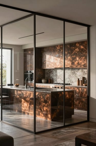 Wide shot from the interior looking through the partition. The glass reflects a sophisticated modern kitchen with warm bronze accents, showing how the metalwork integrates into a high-end living space.