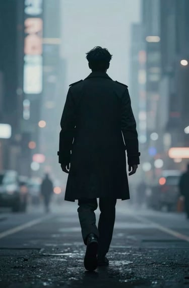 A cinematic wide shot of a futuristic character silhouette walking through a neon-lit landscape. Moody aesthetic using #4A6B8A and #d4d4d4 highlights for a professional feel.