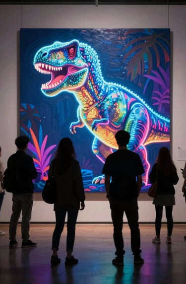 An artistic shot of silhouettes of people standing in front of a glowing, neon-colored T-Rex painting. The lighting is dramatic, reflecting the retro-cool charm and contemporary pop-art energy of the exhibition.
