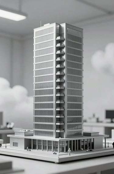 A detail shot of a physical scale model of a contemporary building made from Light Silver materials, positioned against a minimalist Soft Cloud backdrop in a North American / US design lab.