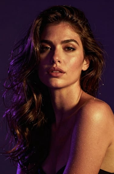 An intimate, moody portrait of a gorgeous adult model in a dark-mode setting, look of pure confidence, illuminated by soft golden and violet neon lights. High-end, seductive photography, Latin American / Global.