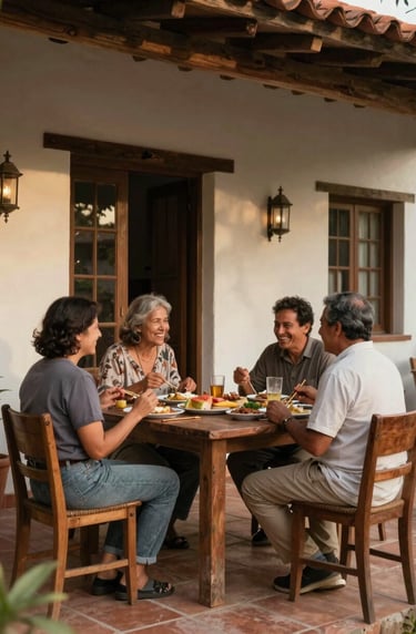 A candid shot of the whole family sitting on a terracotta tiled porch, sharing a meal and laughing. Western / Global architectural details, warm cinematic lighting, authentic atmosphere.