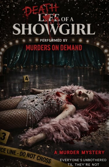 Murder mystery theater poster featuring a deceased showgirl on stage with evidence markers and crime scene tape.
