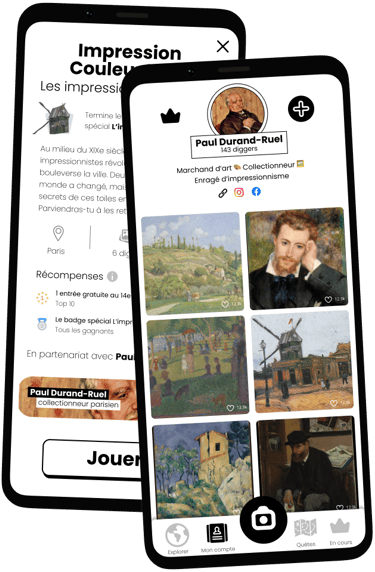 Captures d'écrans de l'application Diggers montrant le compte de Paul Durand-Ruel