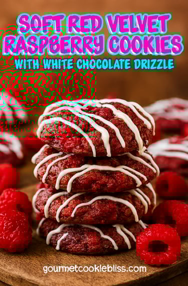 Vertical pin showing stacked red velvet cookies packed with raspberries & white chocolate drizzle.