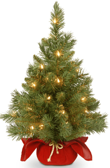mini Christmas tree with lights and red container with twine bow