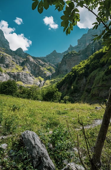 a mountain scene with a view of a valley