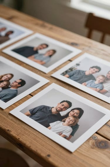 A cinematic shot of physical photo prints laid out on a rustic wooden table in a sunlit room. The prints show genuine interactions between a family. The mood is intimate and nostalgic, incorporating #FDF8F0 and #3A3A3A in the decor colors.