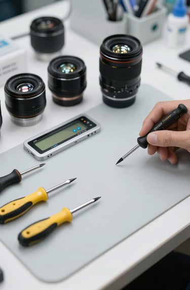 A bright, clean camera repair workbench in a US service center. Precision screwdrivers, a specialized sensor cleaning kit, and a disassembled lens are neatly arranged on a light gray mat.