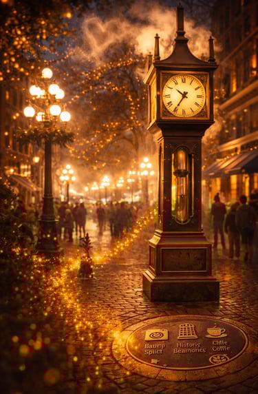 Gastown Steam Clock in Vancouver glowing at night with the MyFavs golden discovery trail guiding vis