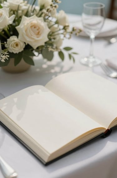 Detailed shot of a guest book and floral arrangements at a wedding reception. Modern minimalist aesthetic, South American / Colombian luxury event style, soft natural lighting with pale sky blue and soft off-white tones.