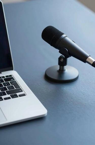 A modern, elegant workspace with a sleek laptop and a professional microphone on a slate blue #86A3B8 surface. The mood is intellectual, calm, and thoughtfully curated.