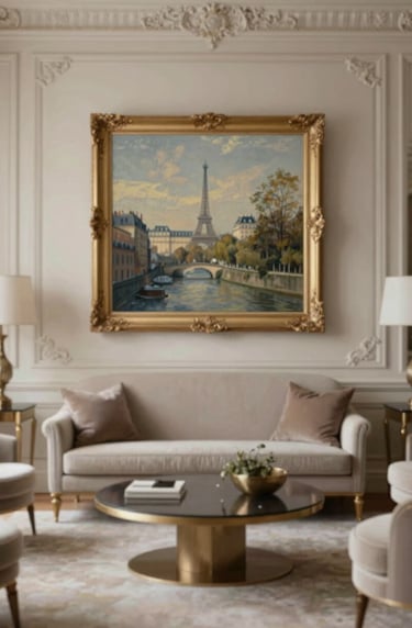 An elegant interior scene of a Parisian salon featuring a curated painting from Galerie ZAXAPH, muted colors #CFC8B7 and #5F5B54, sophisticated atmosphere.