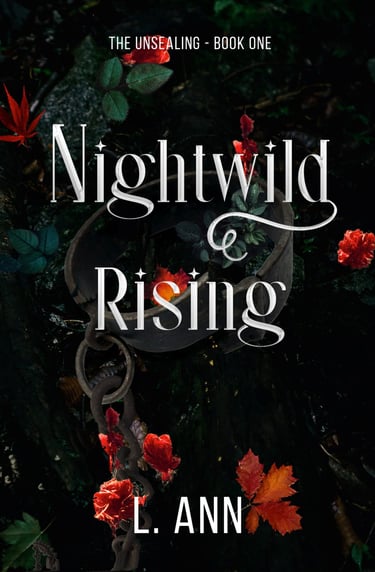 Book cover of Nightwild Rising. White text on a black background with a broken collar 
