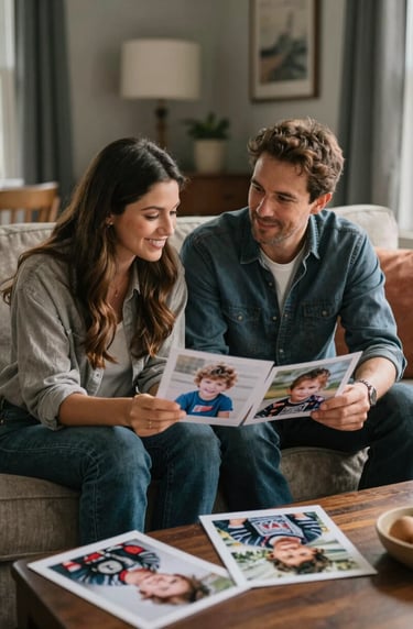 A North American / General Western couple sitting on a sofa in a sun-lit living room, looking at printed photos of their children and smiling. The atmosphere is cozy, professional, and authentic, with charcoal and terracotta accents in the home decor.