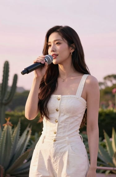 An artistic outdoor shot of a singer in a North American / US botanical garden during the golden hour. The soft lighting highlights the warm pearl and soft pink colors of the environment, creating a refined and elegant aesthetic.
