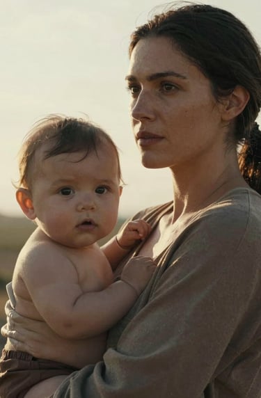A cinematic portrait of a mother holding her baby, both looking away from the camera toward the sun. High-contrast lighting with warm highlights and soft earthy muted brown tones.