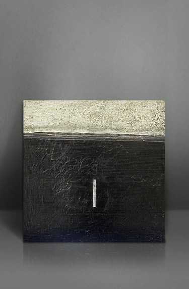 Textured abstract painting featuring a black and gold horizon with a minimalist vertical white line.