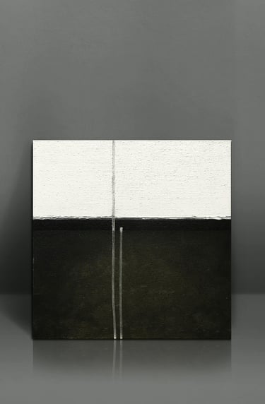 Minimalist black and white abstract painting with textured horizon line and vertical drip.