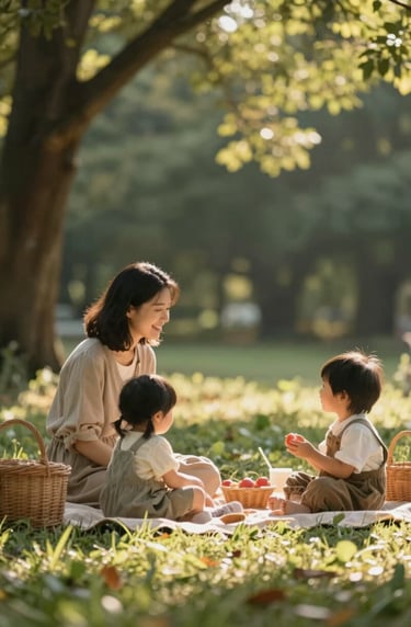A family picnic scene in a forest clearing with dappled warm sunlight, focusing on the authentic interaction between a mother and child, cinematic and heartfelt.