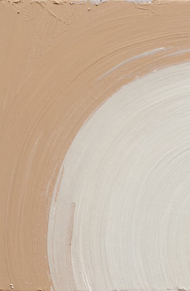 A detailed close-up of a textural painting with layers of warm dusty tan and soft off-white. The surface shows the visible marks of a gesture and the physical accumulation of material. Photography in a South American / Argentine studio.